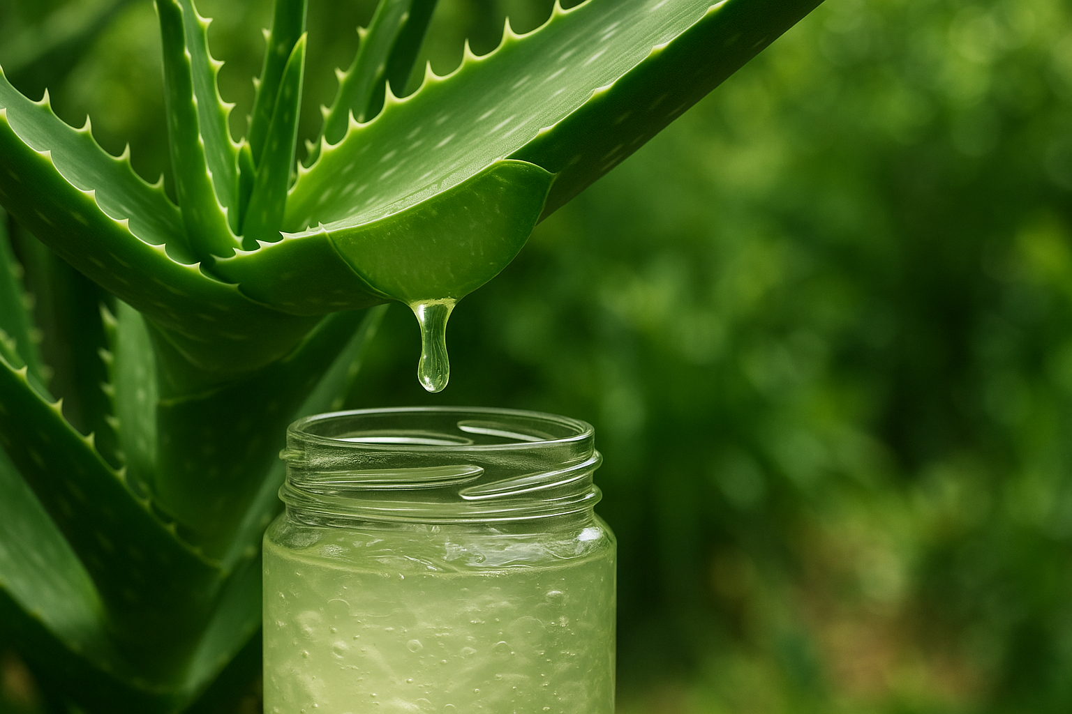 Aloe Vera Plant dripping into clear jar showing it purity, all green garden in the background image to be PNG 1536 x 1024 - 2.96 MB
