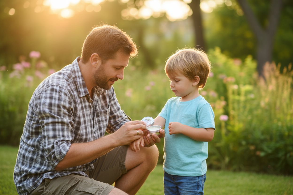 Dad putting insect repellent balm on son